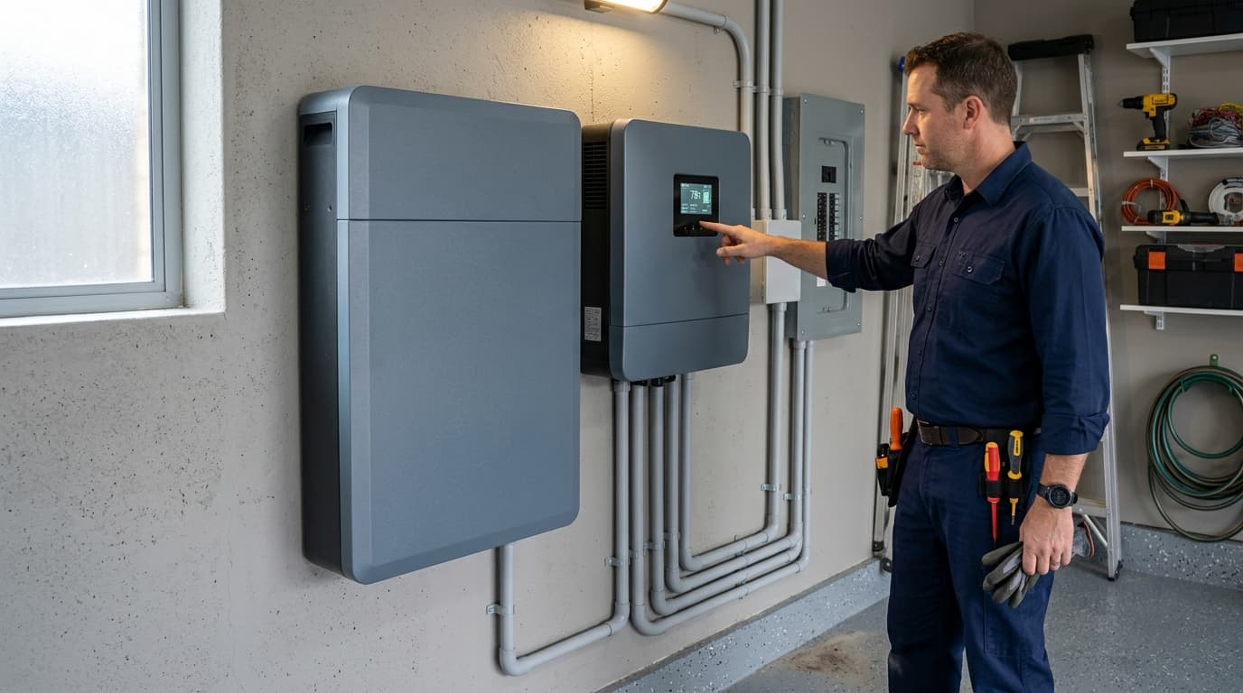 Techniker prüft einen Batteriespeicher mit Wechselrichter in einer Garage